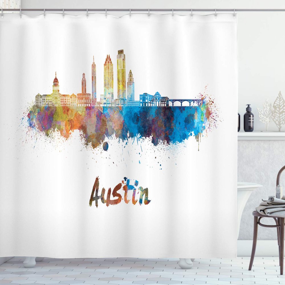 Ambesonne Austin Shower Curtain, Typographic Design with Paint Splatters Illustrated in an Composition, Cloth Fabric Bathroom Decor Set with Hooks, 69" W x 84" L, White Cream