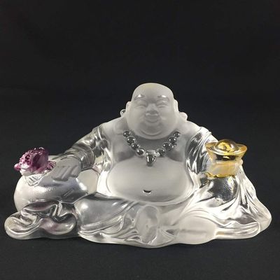 Amore Jewell Laughing Buddha Statue with Toad Maitreya Buddha White Color~Colored Glaze Glass (Liuli Crystal Glass)