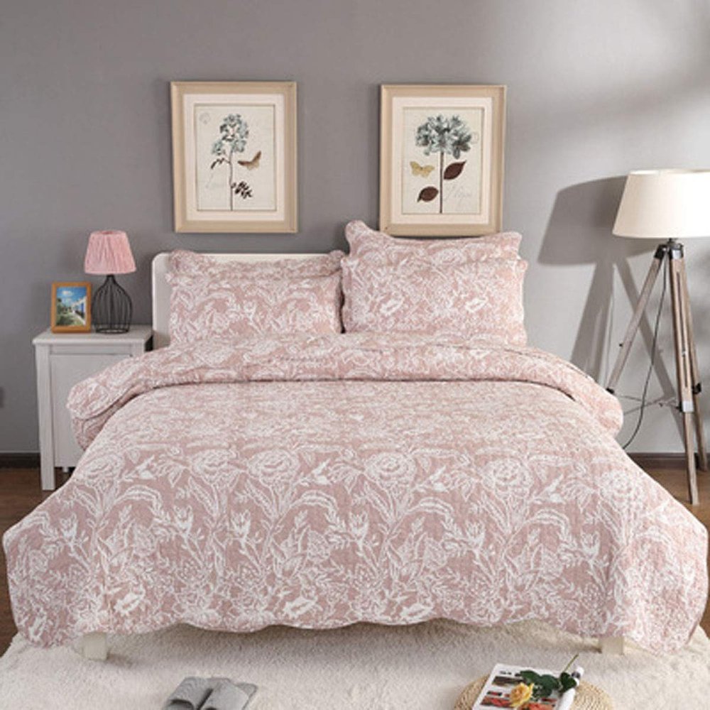 3 PC Floral Bedspread Set Brown Floral Quilt Shams Set 90 x 98 Inches Bed Coverlet Set for Women Queen Size Women Gift Idea