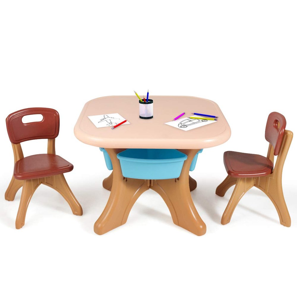 Costzon Kids Table and Chair Set, 3 Piece Activity Table w/Detachable Toy Storage Bin & 2 Chairs for Children Reading Art Craft, Strong Bearing Capacity, Lightweight, Toddler Table & Chair Set, Coffee