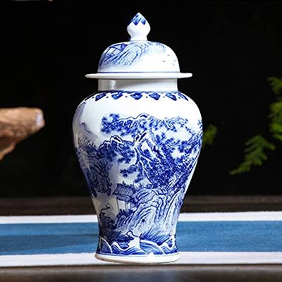 Antique Blue and White Chinese Vase Traditional Temple Jar Vase China Ming Style Flower Vase Blue and White Ceramic Vase Artwork Home Decoration-d H34cmxw19cm