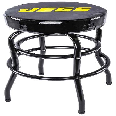 JEGS Heavy Duty Bar Stool - 28.5" High With 14 Inch 360 Degree Swivel - Vinyl Padded Logo Seat - Up to 300lb Capacity for Garage and Workshop