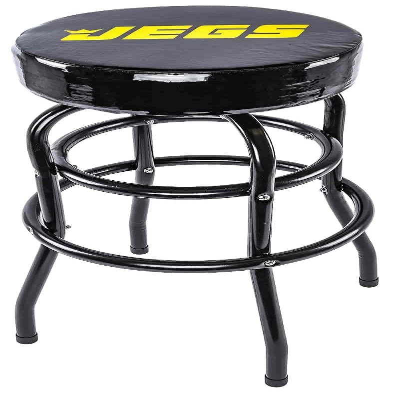 JEGS Heavy Duty Bar Stool - 28.5" High With 14 Inch 360 Degree Swivel - Vinyl Padded Logo Seat - Up to 300lb Capacity for Garage and Workshop