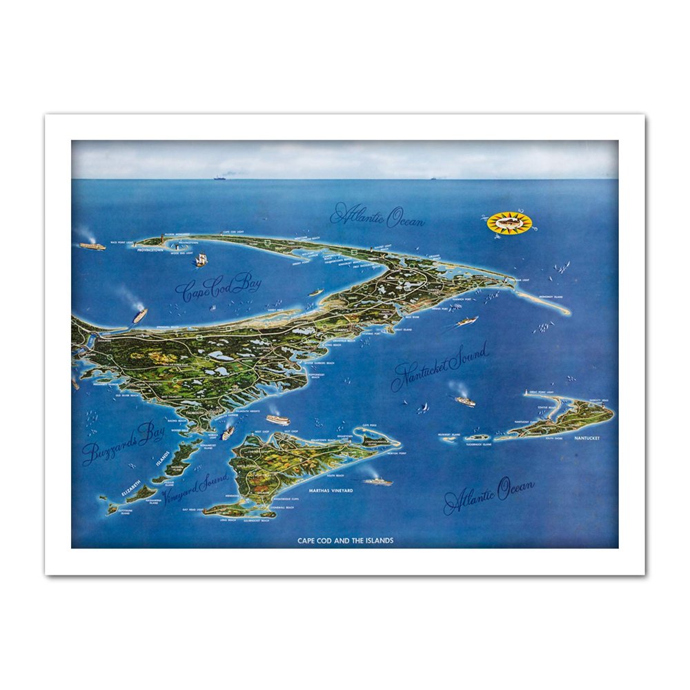 Macdonald 1958 Map Cape Cod Islands Bird's Eye Artwork Framed Wall Art Print 18X24 Inch