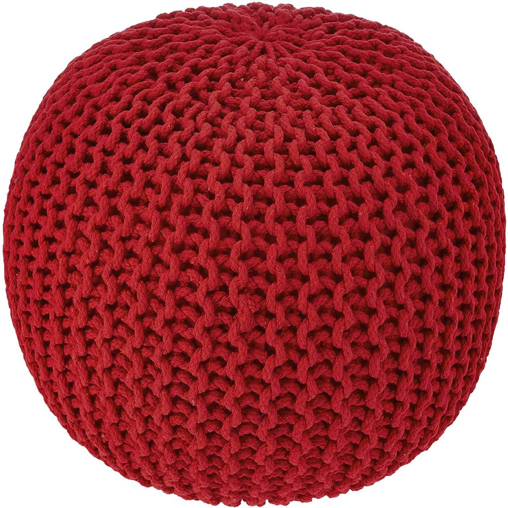  REDEARTH  Round Pouf Ottoman - Hand Knitted Cable Boho Poof - Foot Stool Bean Bag - Home Dcor Stuffed Footrest for Living Room - Nursery - Bedroom - 100% Cotton Poufs (19.5"x19.5"x14") - Red