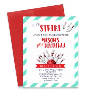 Modern Pink Paper Bowling Birthday Party Invitations, Bowling Birthday Invitations for Boys or Girls, Your choice of Quantity, Age, Info and Envelope Color