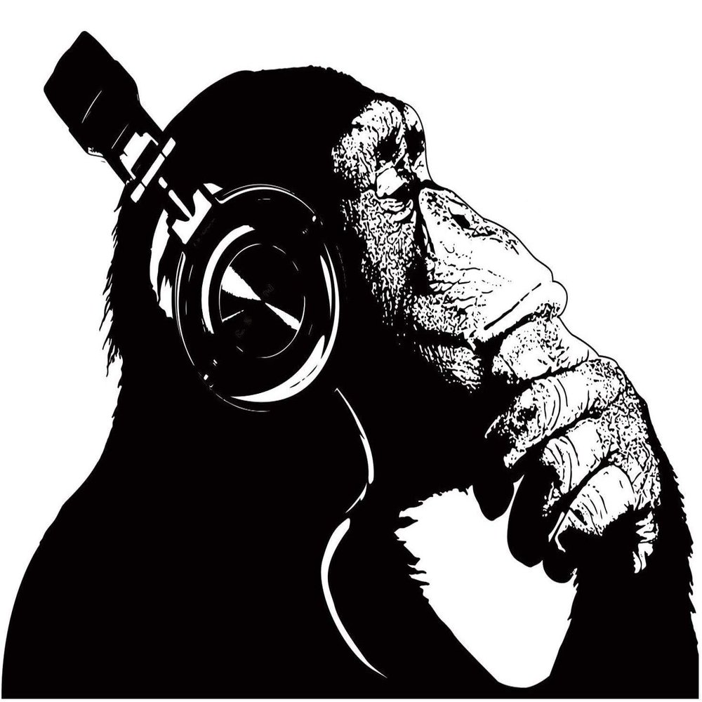 Thinking Monkey Wall Art Sticker - Banksy Dj Chimp Decal - The Thinker Gorilla with Headphones Home Decals - Street Art Graffiti Mural Print
