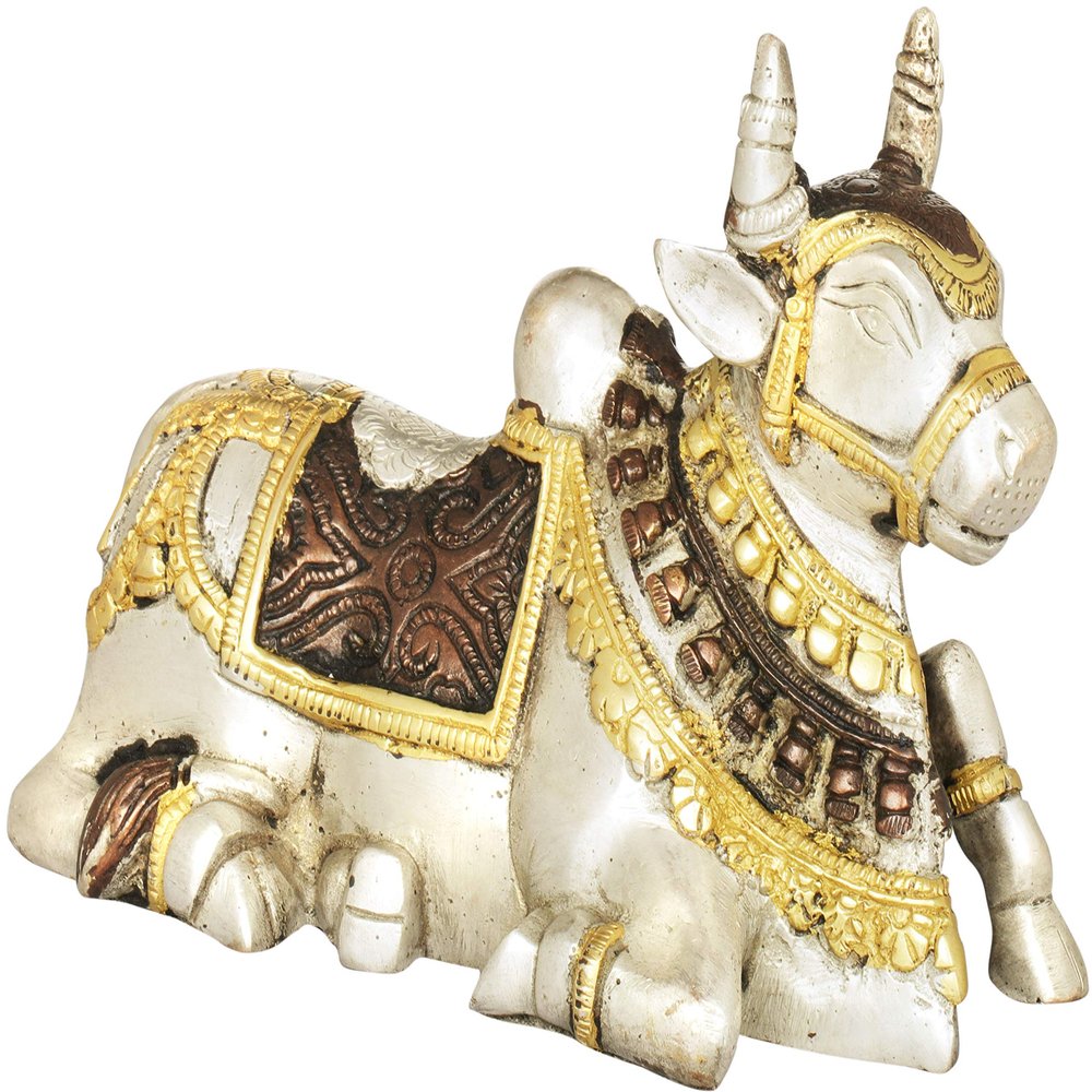 Exotic India Nandi - The Vehicle of Lord Shiva - Brass Statue - Color Brown Silver Gold Color