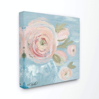 The Stupell Home Decor Collection Pink Flowers on Blue Impressionist Painting Stretched Canvas Wall Art, 24 x 24, Multi-Colored