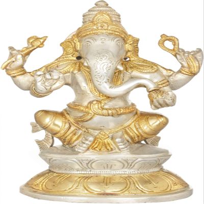 Exotic India Ganesha on Double Lotus Base - Brass Statue - Color Silver Gold Color