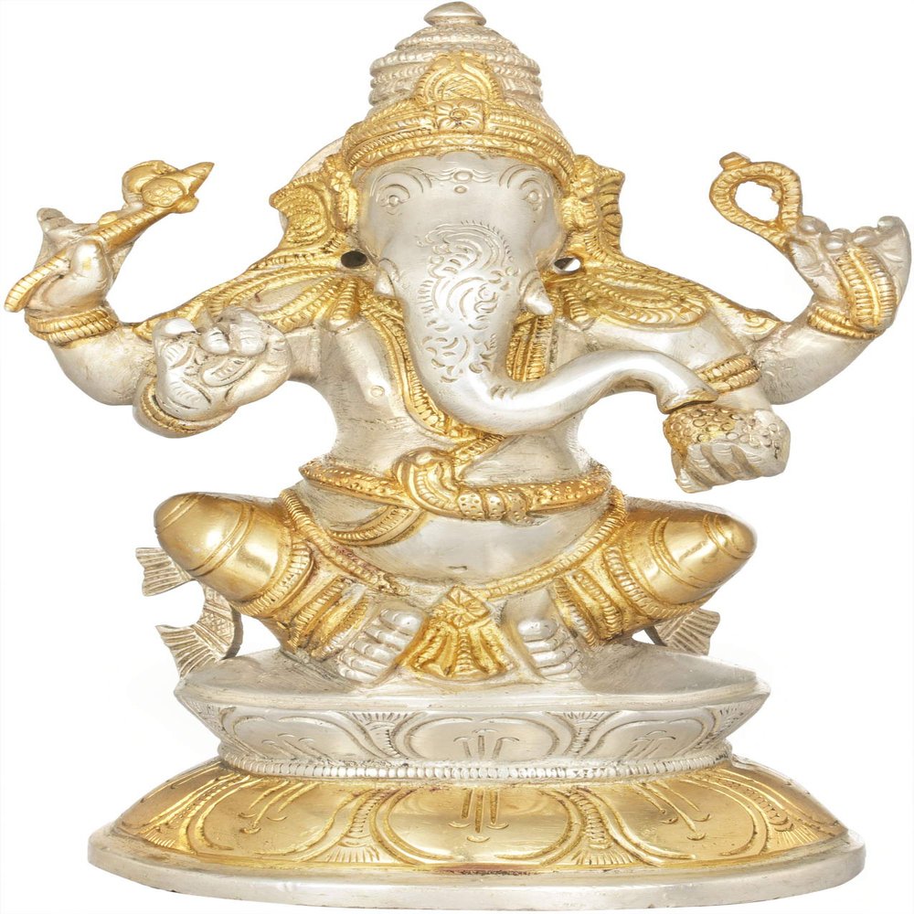 Exotic India Ganesha on Double Lotus Base - Brass Statue - Color Silver Gold Color