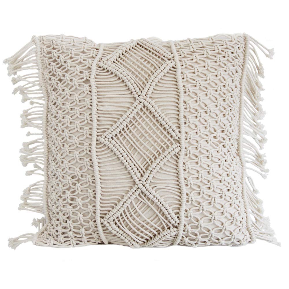 18'' Handwoven Macrame Rope Throw Pillow Cover Case Tassel Knitted Decorative Square Cushion Case Pillowcase for Sofa Bedroom Car Couch Chair,Bohemian Style Home Decor