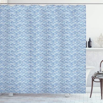 Ambesonne Fish Scale Shower Curtain, Traditional Wave Design Hand Drawn Style Watercolor Illustration, Cloth Fabric Bathroom Decor Set with Hooks, 69" W x 70" L, Navy Blue and White