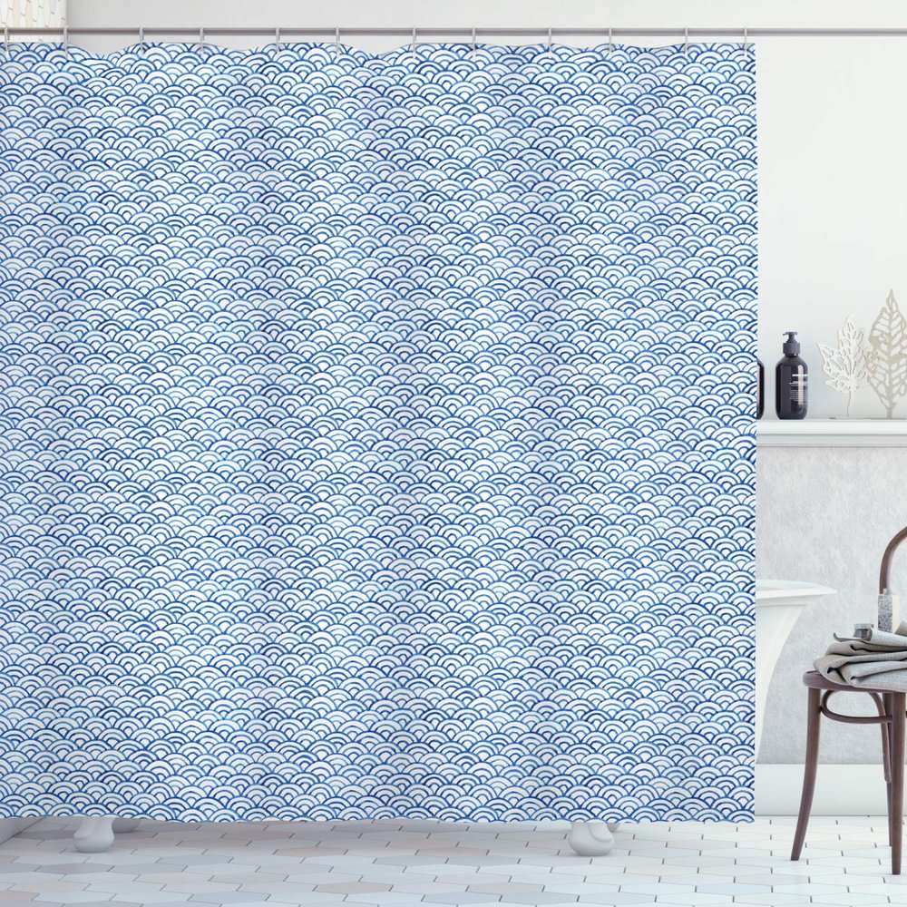 Ambesonne Fish Scale Shower Curtain, Traditional Wave Design Hand Drawn Style Watercolor Illustration, Cloth Fabric Bathroom Decor Set with Hooks, 69" W x 70" L, Navy Blue and White