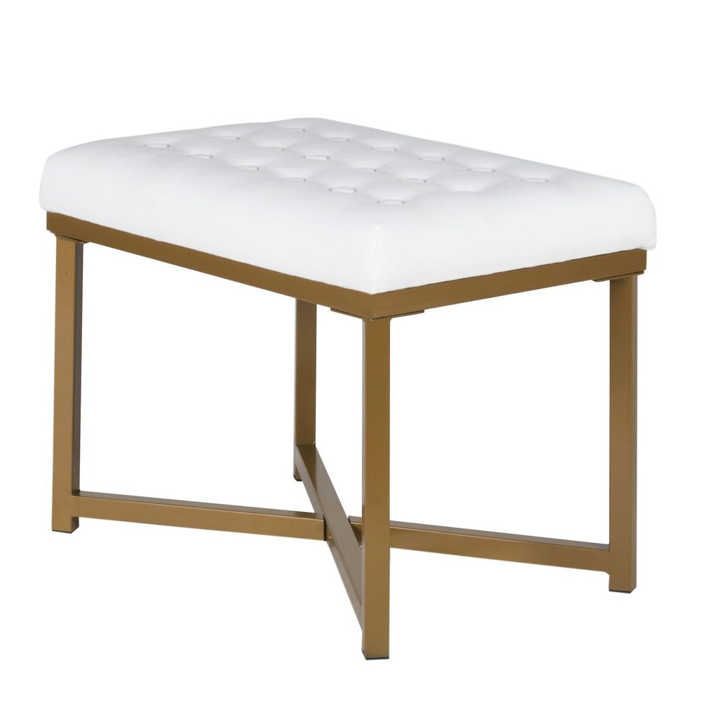 Benjara Metal Framed Bench with Button Tufted Velvet Upholstered Seat, White and Gold