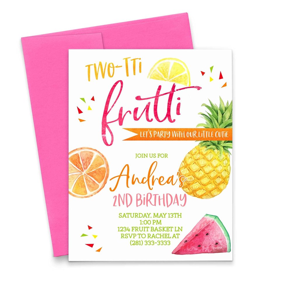 Twotti Frutti Birthday Invitations for Girls, Two-tti Frutti Birthday Invitations, 2nd Birthday Invitations for Girls, Your choice of Quantity, Info and Envelope Color