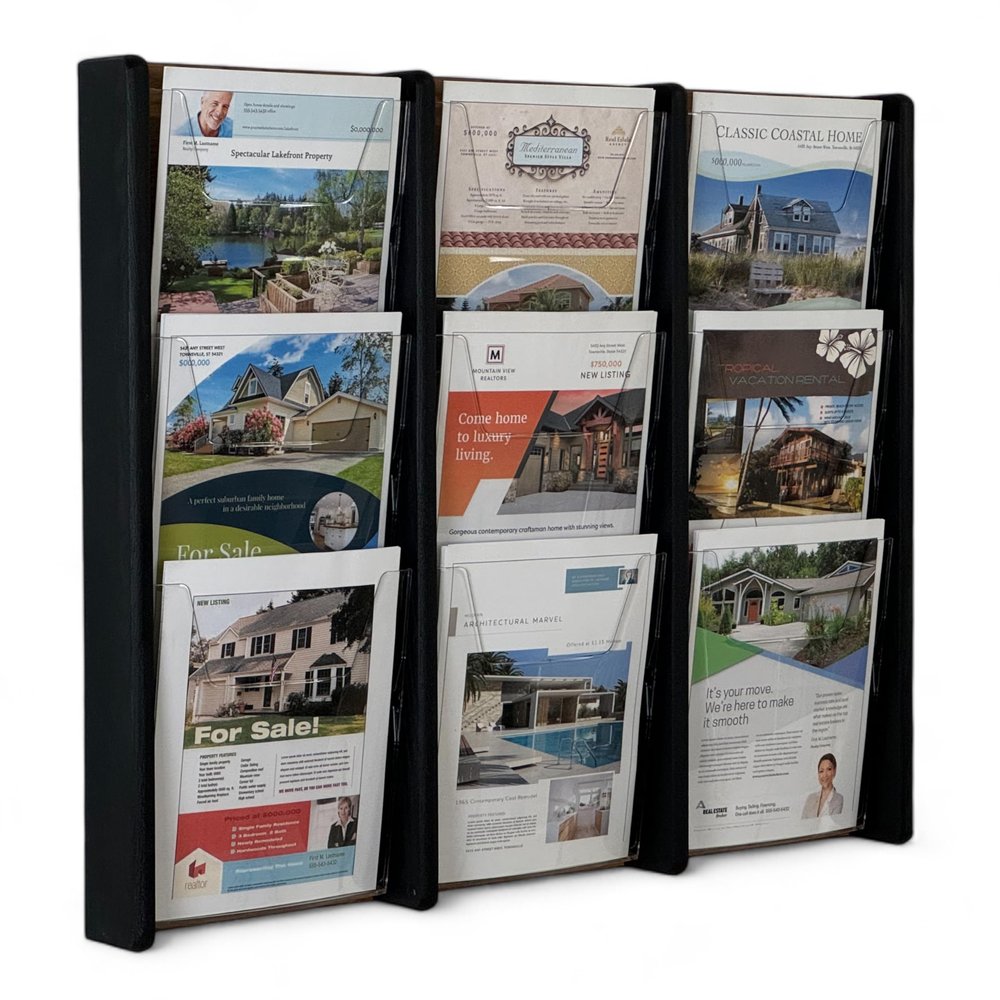 Wooden Mallet Stance 9 Pocket Wall Display Magazine Rack, Black/Medium Oak
