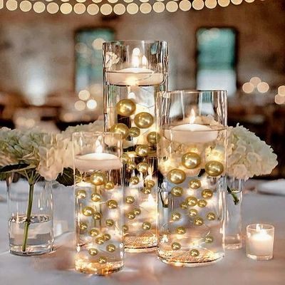 100 Floating Gold Pearls with Gold Sparkling Gems- Large Sizes- Fills 2 Gallons of The Floating Transparent Water Gels for Your Vases- with Pre-Measured Prep Bags for Best Results!