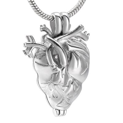 Anatomical Heart Cremation Locket Necklace Inside Tube Memorial Urn Jewelry For Ashes Of Loved One (Silver tone)