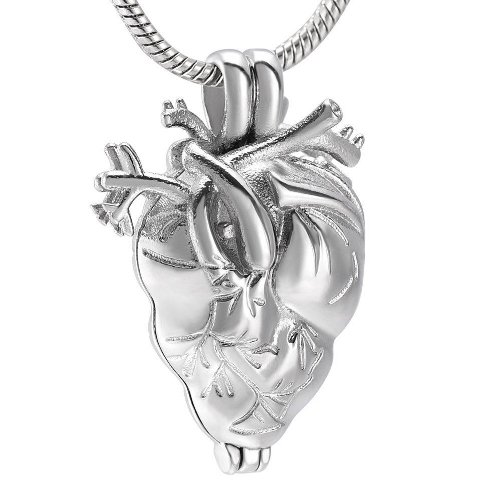 Anatomical Heart Cremation Locket Necklace Inside Tube Memorial Urn Jewelry For Ashes Of Loved One (Silver tone)