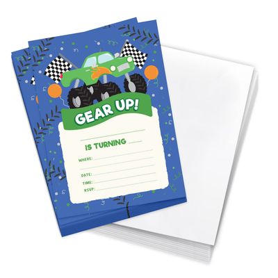 Desert Cactus Monster Truck Happy Birthday Invitations Invite Cards Style 3 (10 Count) With Envelopes Boys Girls Kids Party (10ct)