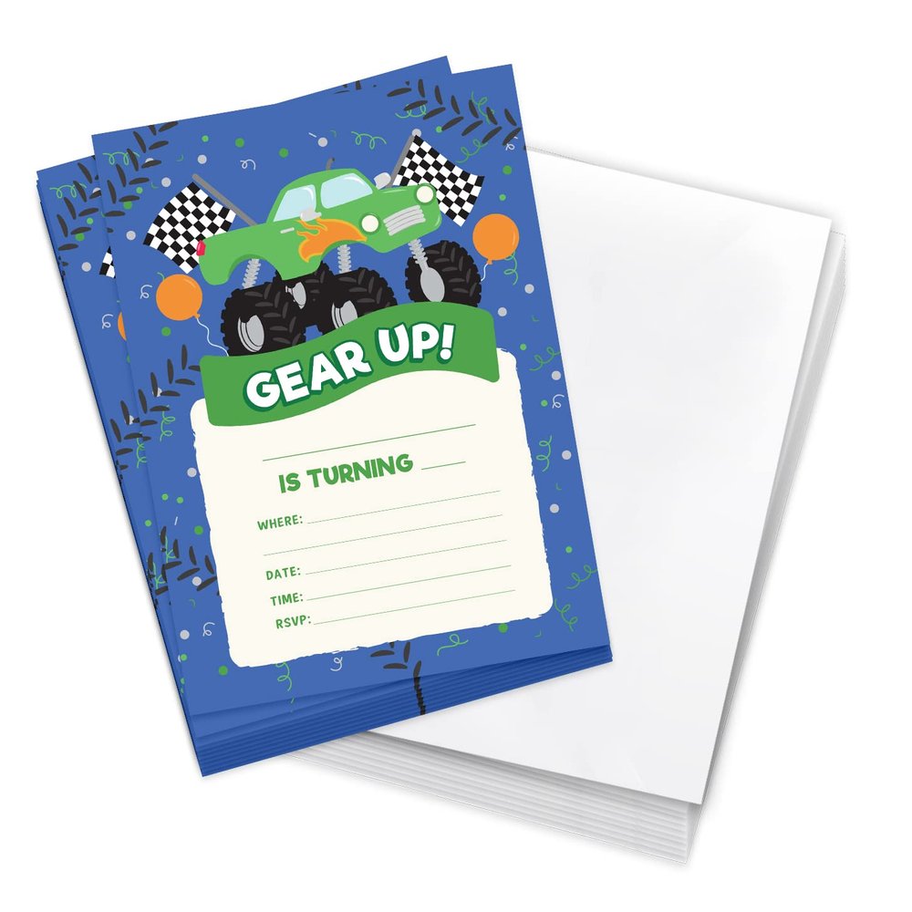 Desert Cactus Monster Truck Happy Birthday Invitations Invite Cards Style 3 (10 Count) With Envelopes Boys Girls Kids Party (10ct)