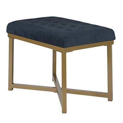 Benjara Metal Framed Bench with Button Tufted Velvet Upholstered Seat, Dark Blue and Gold