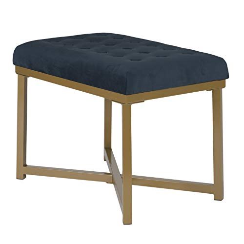 Benjara Metal Framed Bench with Button Tufted Velvet Upholstered Seat, Dark Blue and Gold