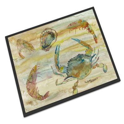 Caroline's Treasures SC2026MAT Crab, Shrimp, Oyster Yellow Sky Doormat 18x27 Front Door Mat Indoor Outdoor Rugs for Entryway, Non Slip Washable Low Pile, 18H X 27W