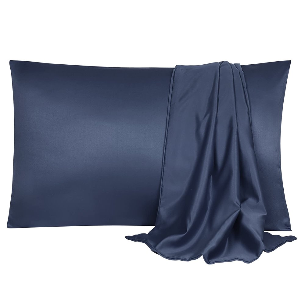 uxcell 2 Pack Silk Satin Pillowcase for Hair and Skin, Cool, Silky, Soft Breathable Pillow Cases Standard Size 20x26 Inch Sateen Pillowcase Navy with Envelope Closure