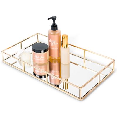 Houseables Gold Mirror Tray, Mirrored Tray, Brass Decorative Organizer for Vanity, Coffee Table, Jewelry, Makeup, Bathroom Counter, Plate, Dresser, Bar, Decor, Large, 16 x 9 x 2 Inch