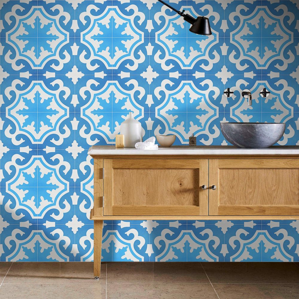 Moroccan Mosaic & Tile House CTP06-02 Tanger Handmade Cement Tile, Pack of 12, Blue, Light Blue, White