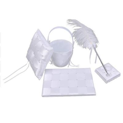 4Pcs/lot Romantic Wedding Decoration Set Rhinestone Stain Ribbon Wedding Ring Pillow+ Girls Flower Basket +Guest Book + Pen Holder for Wedding Event Party Supplies Decor Accessories Photography Props