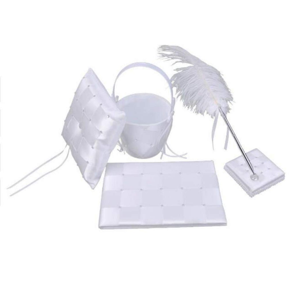 4Pcs/lot Romantic Wedding Decoration Set Rhinestone Stain Ribbon Wedding Ring Pillow+ Girls Flower Basket +Guest Book + Pen Holder for Wedding Event Party Supplies Decor Accessories Photography Props