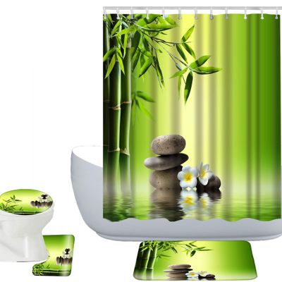 Amagical Bamboo and Stones in Zen Garden Decor 4 Piece Bathroom Mat Set Shower Curtain Set Green Bath Mat Contour Mat Toilet Cover Shower Curtain 12 Hooks