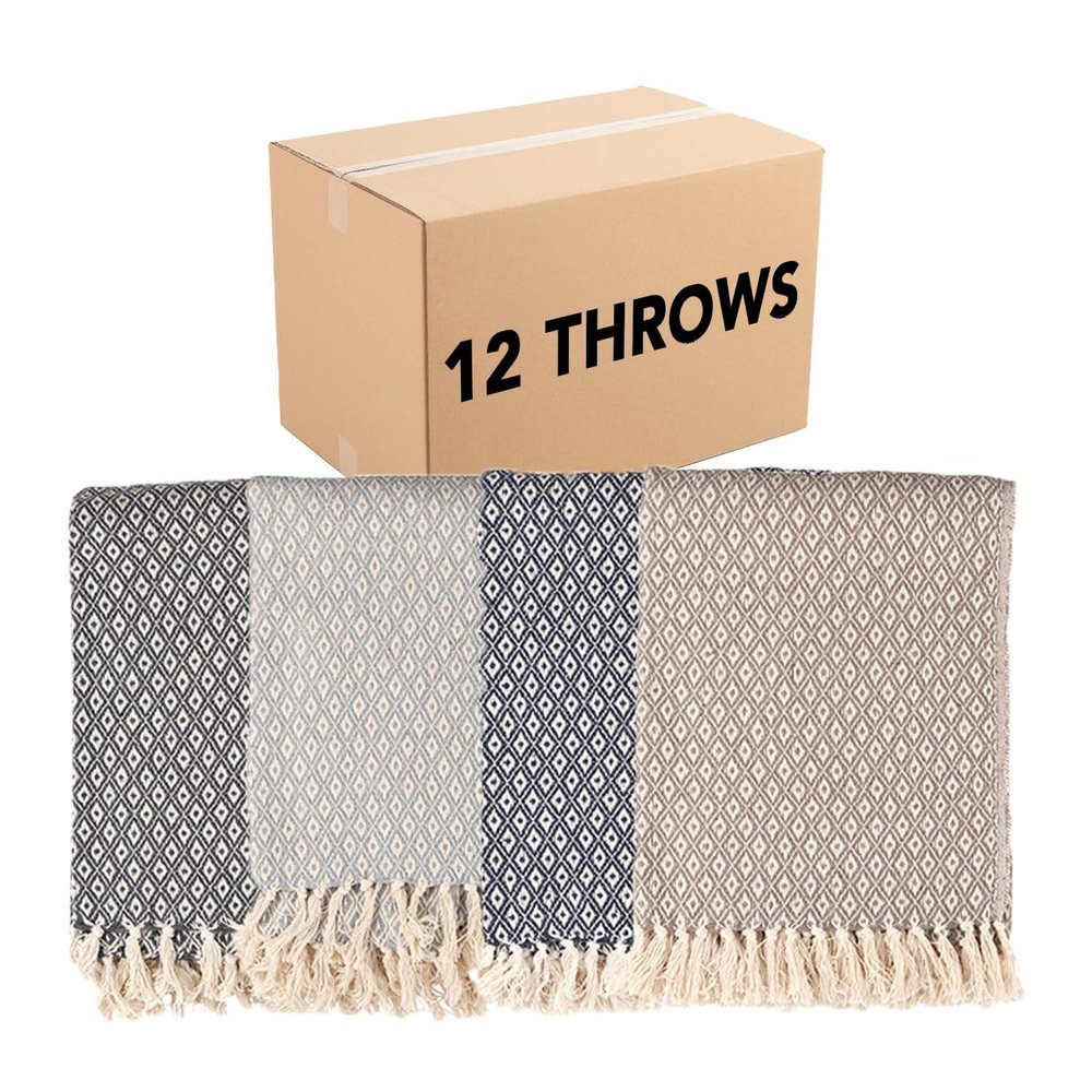 Arkwright Common Ground Bulk Blankets - Pack of 12 - Reversible 100% Cotton All Season Lightweight Couch Bed Throws for Wedding Guests, Travel, and Outdoor Events, 50 x 70 in, Diamond