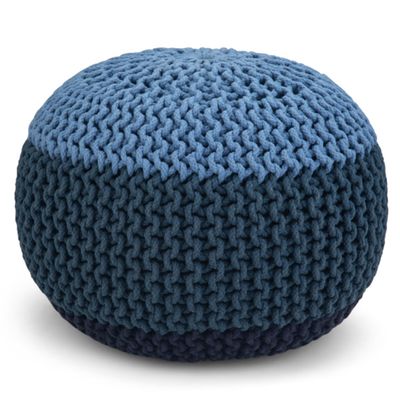 SIMPLIHOME Nikki Boho Round Hand Knit Pouf in Blue, Navy Blue Cotton for the Living Room, Bedroom and Kids Room