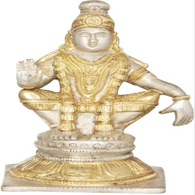 Exotic India Ayyappan - A Saint Revered as Incarnation of Dharma - Brass Statue - Color Gold Silver Color