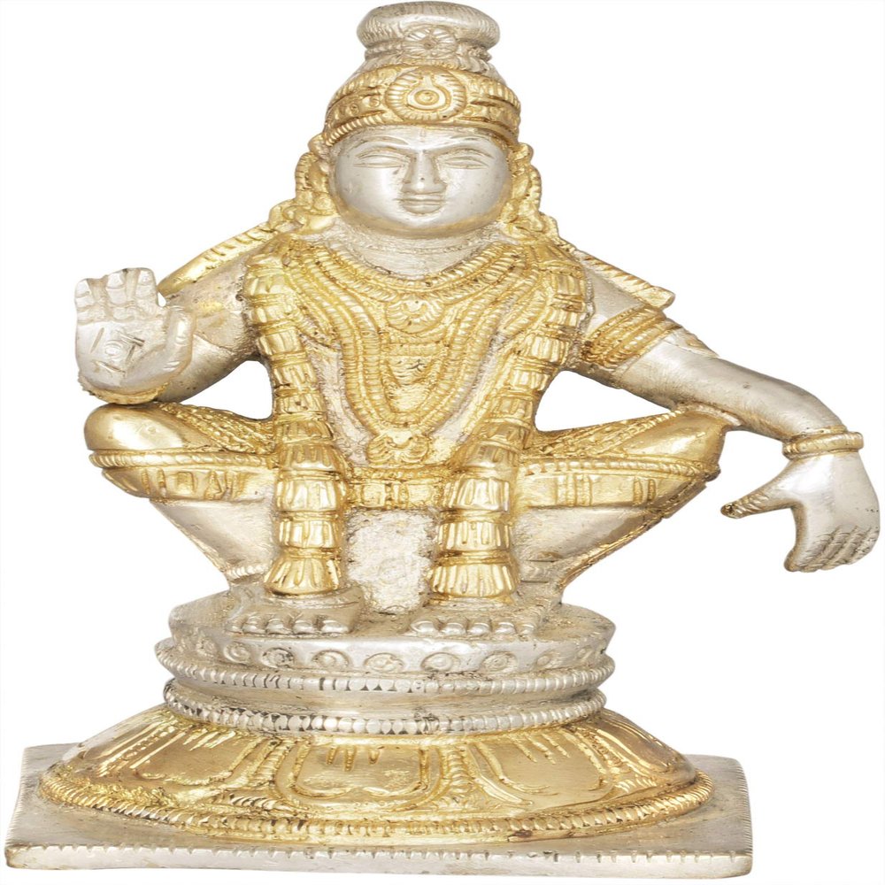 Exotic India Ayyappan - A Saint Revered as Incarnation of Dharma - Brass Statue - Color Gold Silver Color