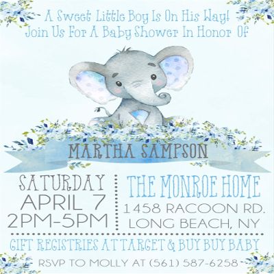 Boys Elephant Baby Shower Invitation, Boys Safari Baby Shower Invitations, Little Elephant Baby Shower Invitations For Boys (Blue Background 1)
