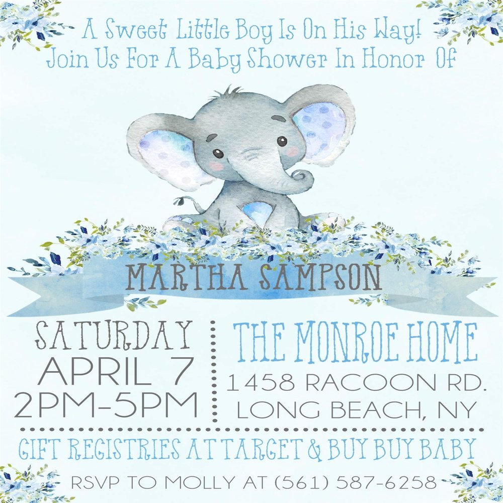 Boys Elephant Baby Shower Invitation, Boys Safari Baby Shower Invitations, Little Elephant Baby Shower Invitations For Boys (Blue Background 1)