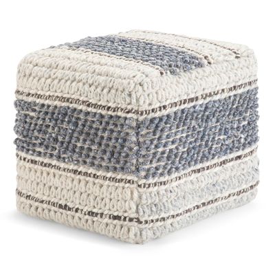 SIMPLIHOME Grady Square Pouf - 18 inch Wide Wool and Cotton Handloom Woven Ottoman in Blue and Natural, Contemporary Footstool or Extra Seating for Living Room with Polystyrene Bead Filling, Assembled