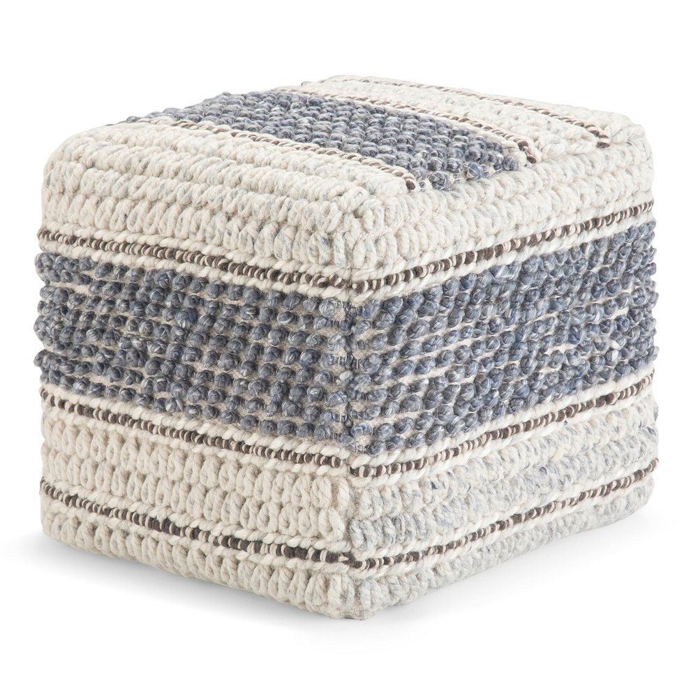 SIMPLIHOME Grady Square Pouf - 18 inch Wide Wool and Cotton Handloom Woven Ottoman in Blue and Natural, Contemporary Footstool or Extra Seating for Living Room with Polystyrene Bead Filling, Assembled