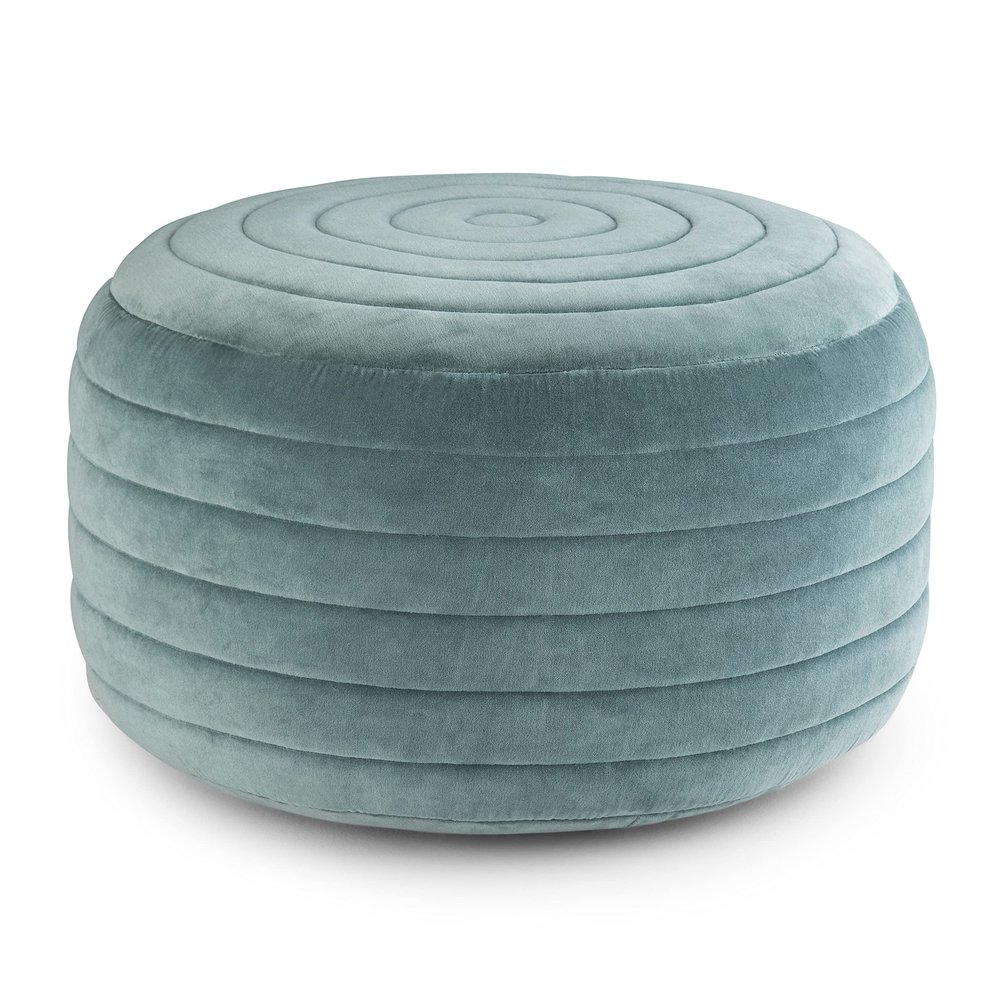 SIMPLIHOME Vivienne Round Pouf - 20 inch Wide Upholstered Velvet Ottoman in Turquoise, Boho-Style Footstool, Extra Seating or Accent Piece for Living Room or Bedroom with Stitching Detail, Assembled