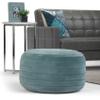SIMPLIHOME Vivienne Round Pouf - 20 inch Wide Upholstered Velvet Ottoman in Turquoise, Boho-Style Footstool, Extra Seating or Accent Piece for Living Room or Bedroom with Stitching Detail, Assembled view 2