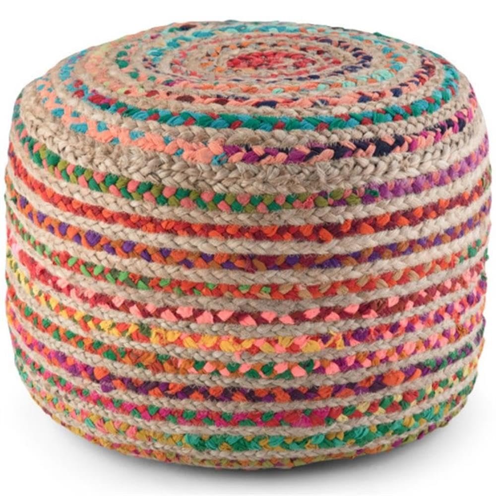 SIMPLIHOME Margo Round Pouf - 20 inch Wide Handwoven Jute and Cotton Braided Ottoman in Multi-Color, Boho-Style Footstool or Extra Seating for Living Room with Polystyrene Bead Filling, Assembled