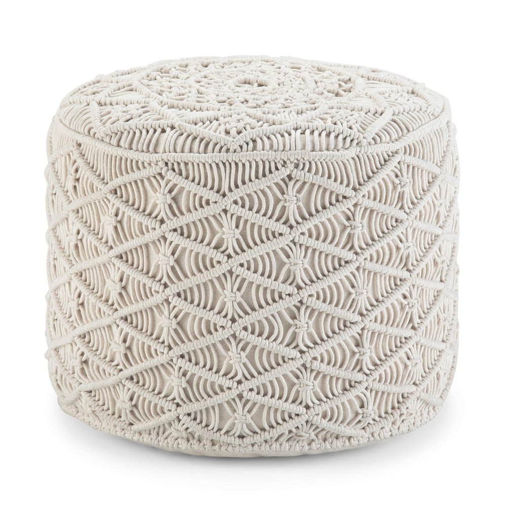 SIMPLIHOME Coates Round Pouf - 18 inch Wide Handwoven Cotton Macrame Ottoman in Natural, Boho Footstool, Decorative Pouf or Extra Seating for Living Room, Bedroom, or Kids Room, Assembled