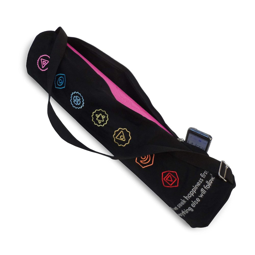 Premium Cotton Yoga Mat Bag with Shoulder Strap - Durable, Breathable and Lightweight Gym Bag to Carry the Standard Mat Size - Ideal for Yoga, Pilates & Fitness Equipment - 7" X 27", Chakra Black