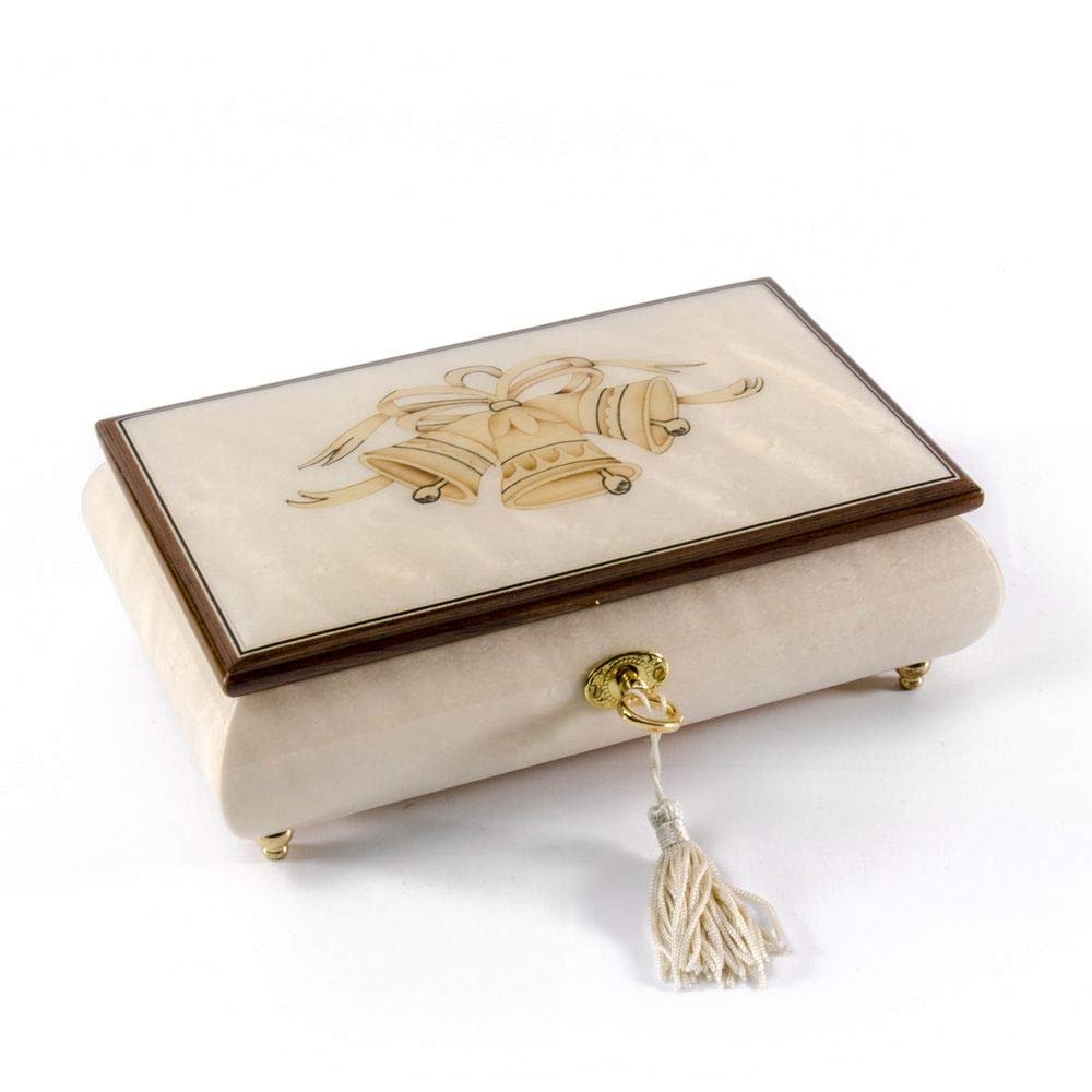 3 Wedding Bells with Ribbon Wood Inlay Ivory 36 Note Musical Jewelry Box - Dark Eyes & Kalinka