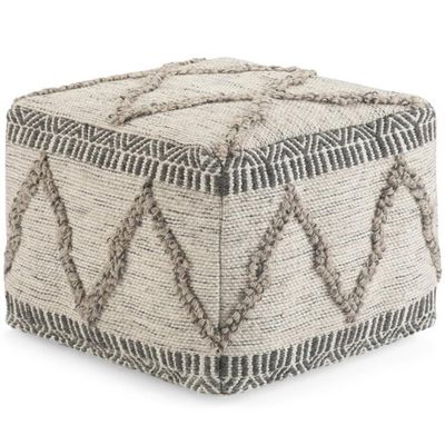 SIMPLIHOME Sweeney Square Pouf - 18 inch Wide Upholstered Wool and Cotton Handloom Woven Ottoman in Grey and Natural, Boho-Style Footstool, Extra Seating or Accent Piece for Living Room, Assembled